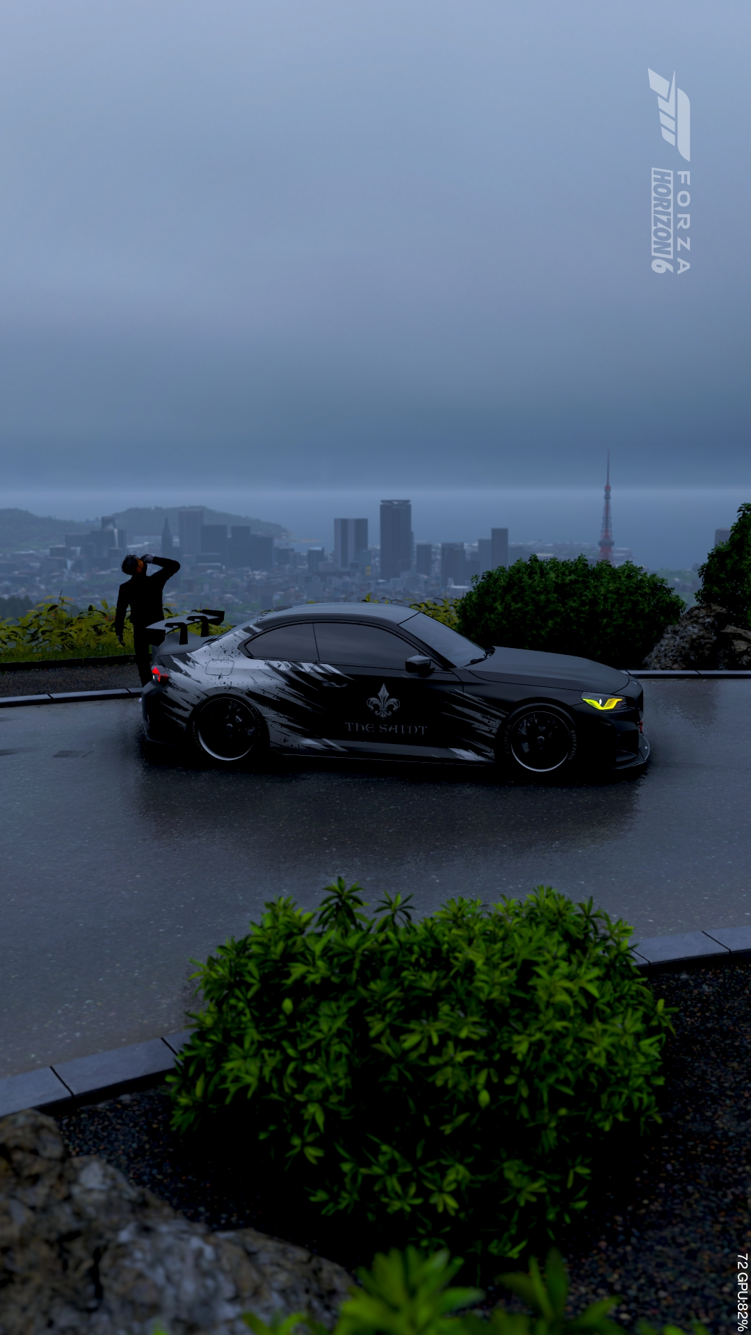 The Saint car in Forza Horizon 6 overlooking the city